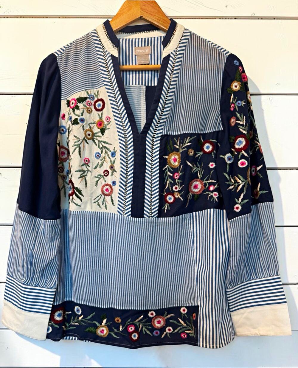 Chico's Women's Striped Embroidered Floral Patchwork Tunic Blouse Size S Chic